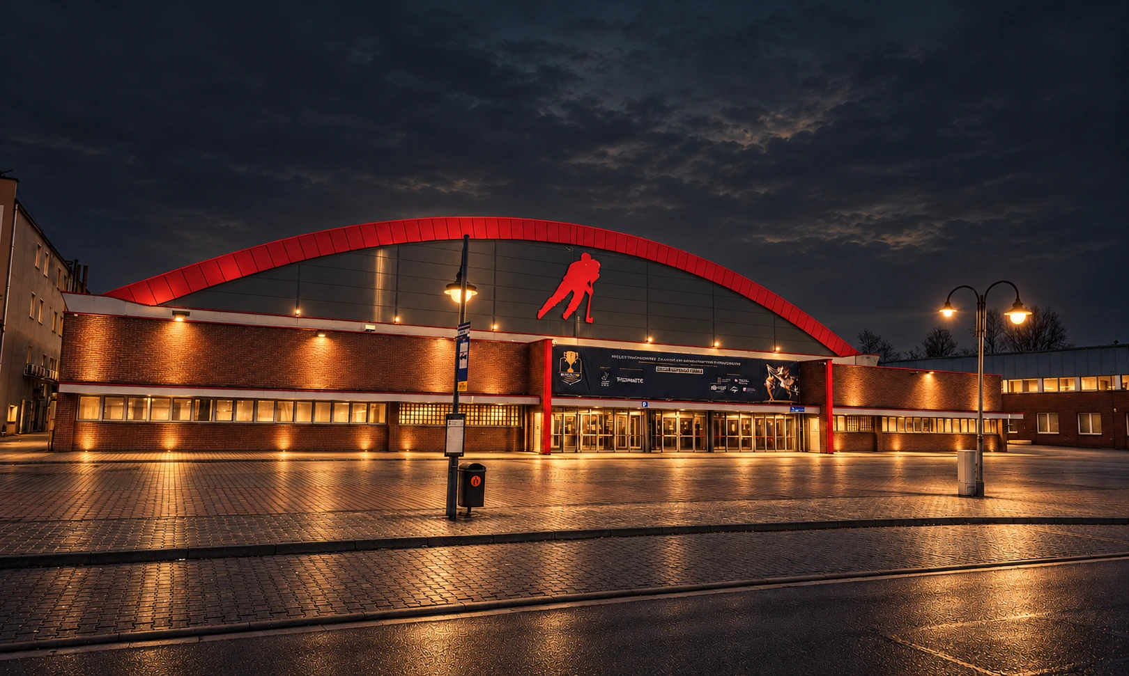 Nocna wizualizacja lodowiska Jantor Arena na podstawie oryginalnego zdjęcia